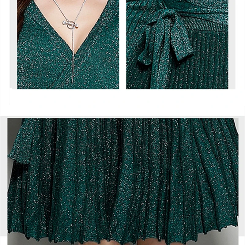 

2019 New Spring Dress Autumn Sexy V-neck Long-sleeved Knit Dress Solid Fashion Temperament Slim Thin Pleated Women Dresses CW326