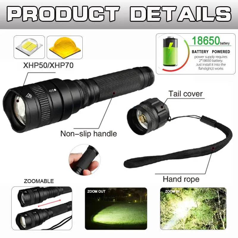7500LumensXLamp xhp70.2 самый мощный светодиодный фонарик с зумом водонепроницаемый xhp50