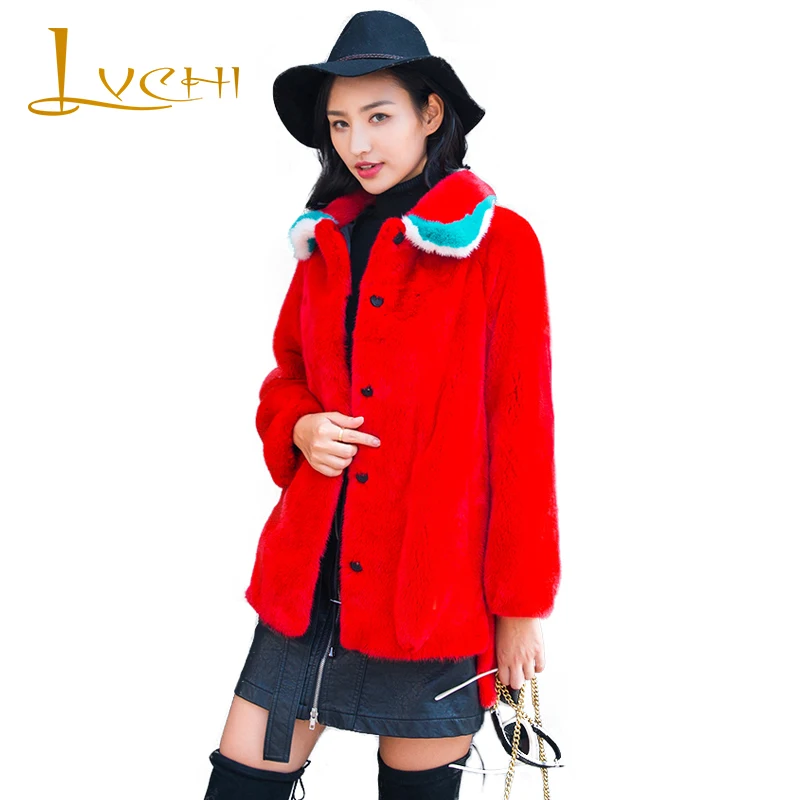 Женская длинная норковая шуба LVCHI красная Повседневная Шуба с отложным