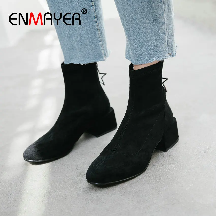 EMMAYER/женские замшевые ботинки на молнии с круглым носком квадратном каблуке