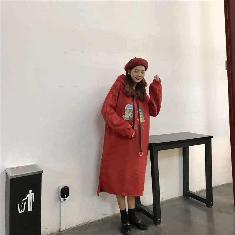 Толстовки женские длинные с капюшоном с принтом зимние толстые плюс бархатные теплые корейские Стильные свитшоты женские s Kawaii универсальная шикарная одежда