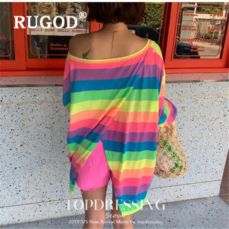 RUGOD Женские топы и блузки в радужную полоску с разрезом сзади большим круглым