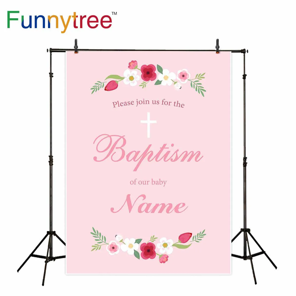 

Фон Funnytree для студийной фотосъемки, розовый фон для крещения малышей на заказ с цветами и крестом, профессиональный фон для фотосъемки