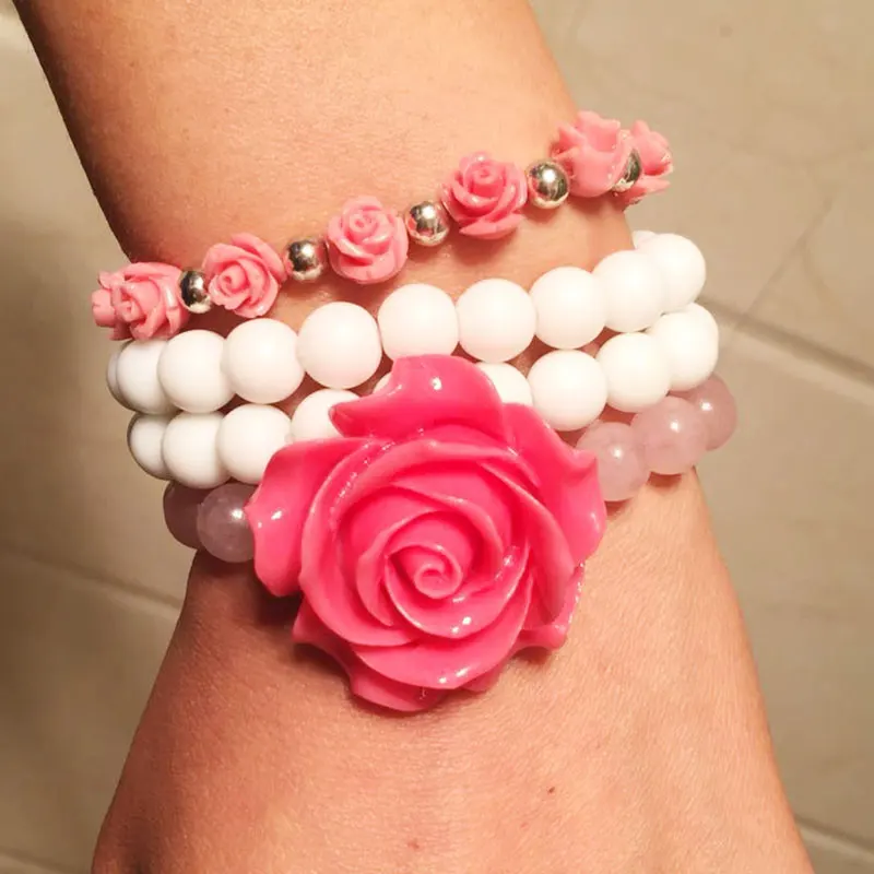 Boho Women Jewelry Pink Stone White Matte Beads With Coral Rose Charm Woven Bracelet Set | Украшения и аксессуары