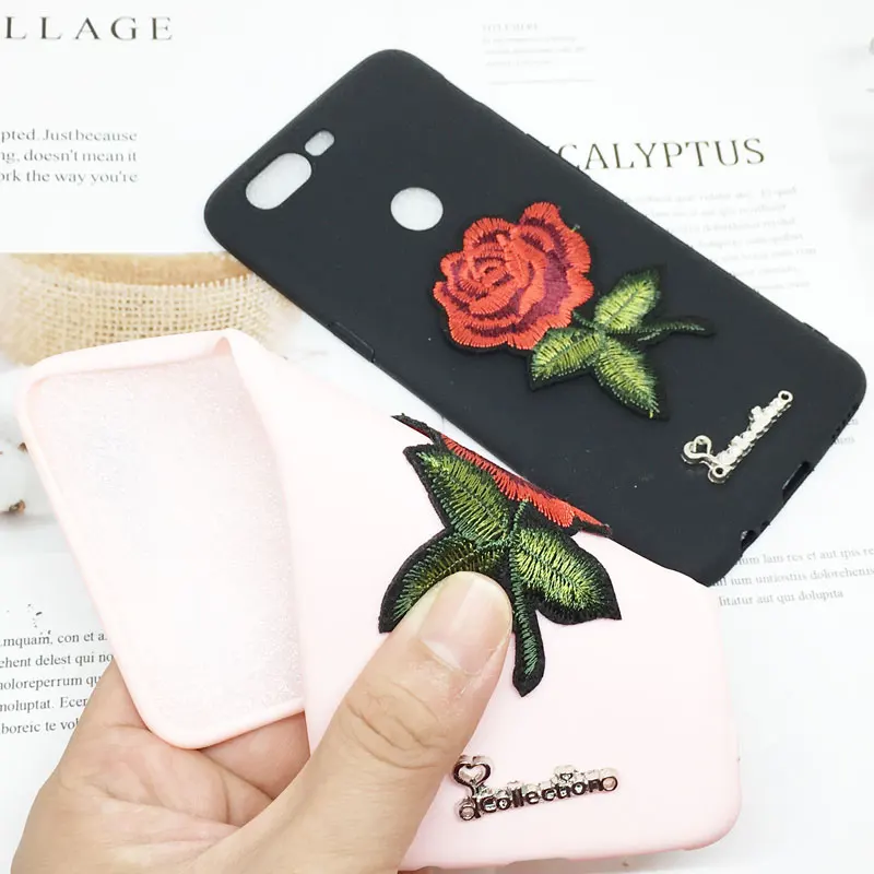 Милый мягкий чехол с 3D вышивкой розы для iPhone X XR XS Max 5S se 6 6s 7 8 Plus Samsung Galaxy S6 S7 edge S8 S9 Note