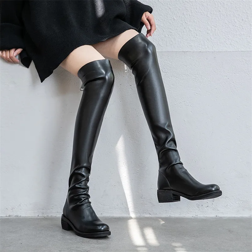 Meotina Fall Over The Knee Boots Women Natural Genuine Leather Block Heels Thigh High Boots Sexy Zipper Long Shoes Female 34-40