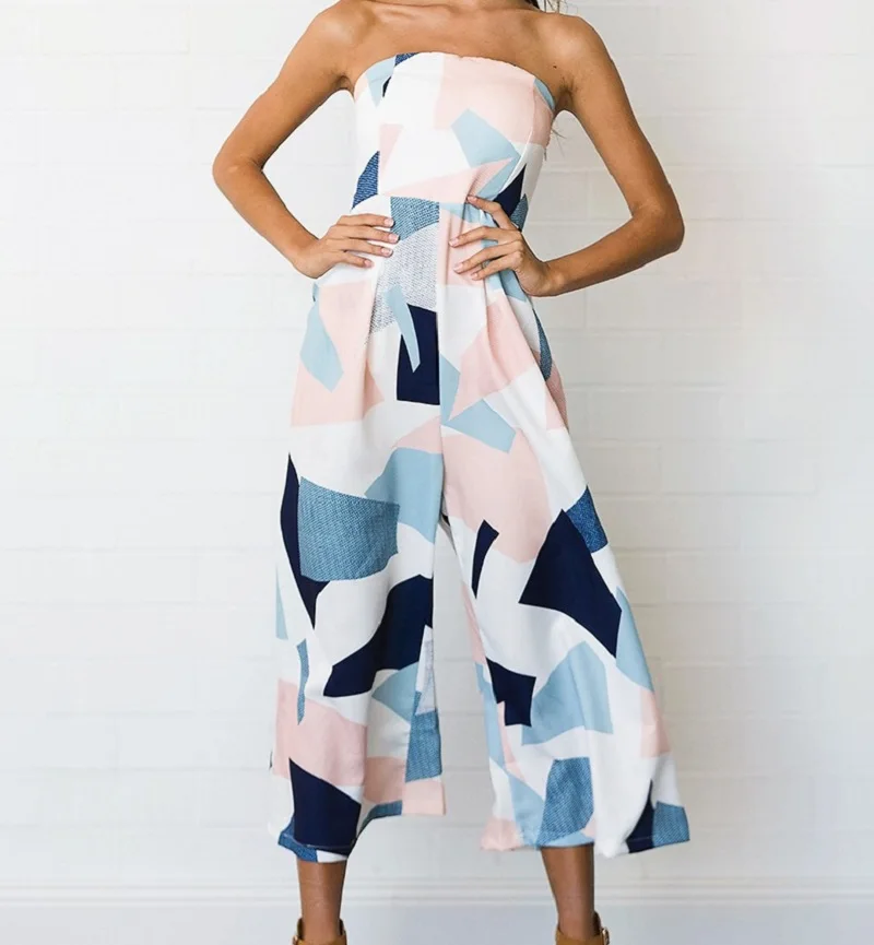 2017 Brief Lady Strapless Geometric Print Calf-Length Jumpsuits | Женская одежда