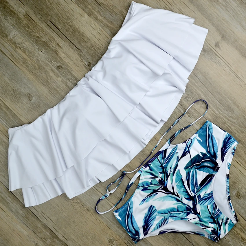 Женский купальник с завышенной талией бикини принтом листьев и открытыми