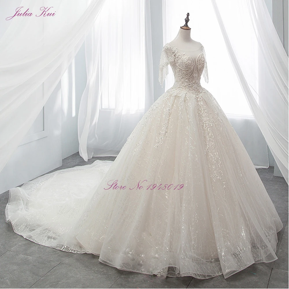 Julia Kui Vintage Bling Scalloped-Neckline Ball Gown Wedding Dresses With Cap Sleeves Delicate Wdding | Свадьбы и торжества