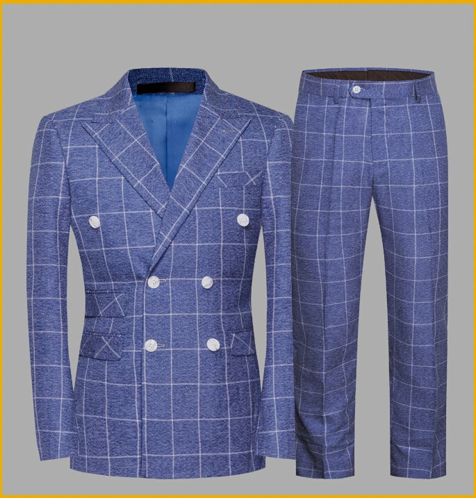 Куртка + брюки 2019 новый бренд мужские костюмы Синие Клетчатые стильные блейзеры