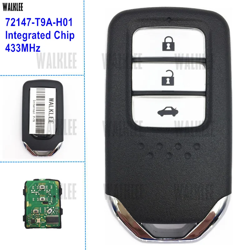 Умный ключ WALKLEE с 3 кнопками подходит для Honda 72147 T9A H01 City Fit Jazz HRV XRV Venzel Civic 433 МГц