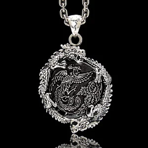 

Oriental Vibrations genuine dragon man 925 Sterling Silver Necklace Pendant Silver peony retro male