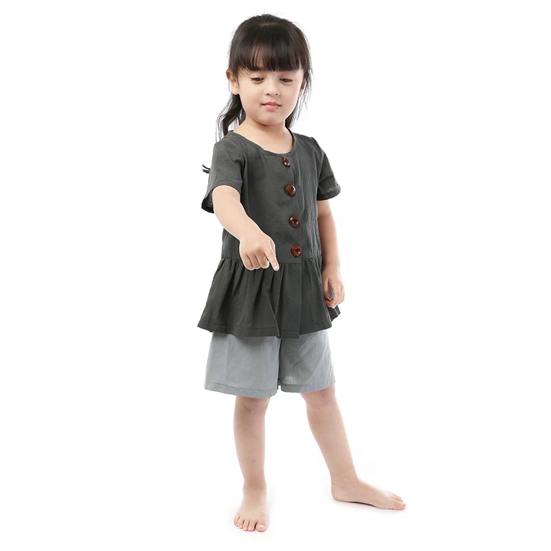 

Kaiya Angel New Arrival Children Girls Casual Clothing Set Button Decolation Ruffle Tops With Short Pants Kids Summer Outfits