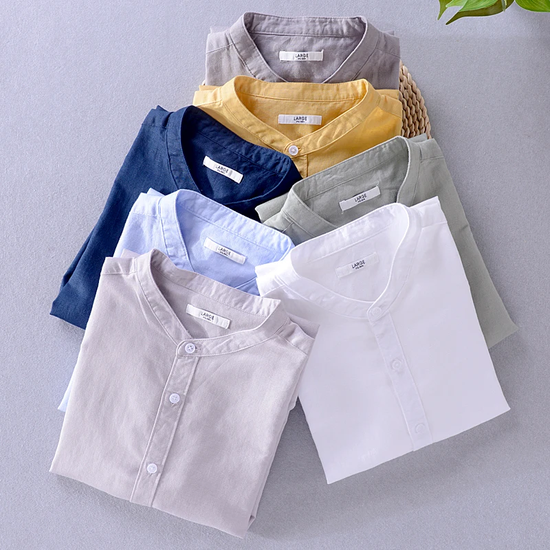 M-4XL stand collar Italy style shirt men linen and cotton sky blue mens tops fashion shirts male casual camisa camiseta | Мужская одежда