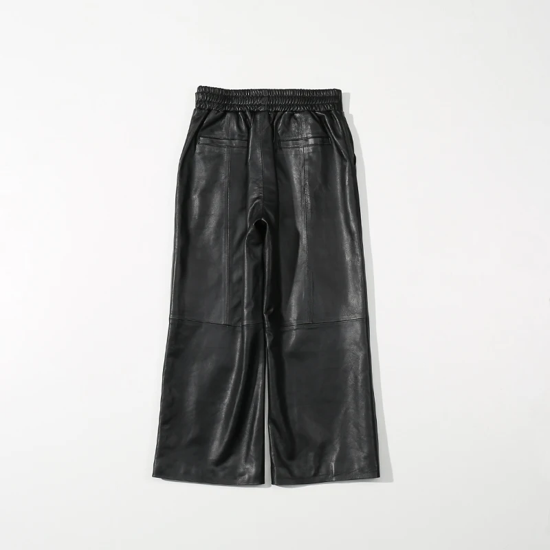 2019 Autumn Wide Leg Leather Pants Trousers Women Plus Size High Waist Loose Streetwear Vintage Casual Sexy Black Woman | Женская одежда