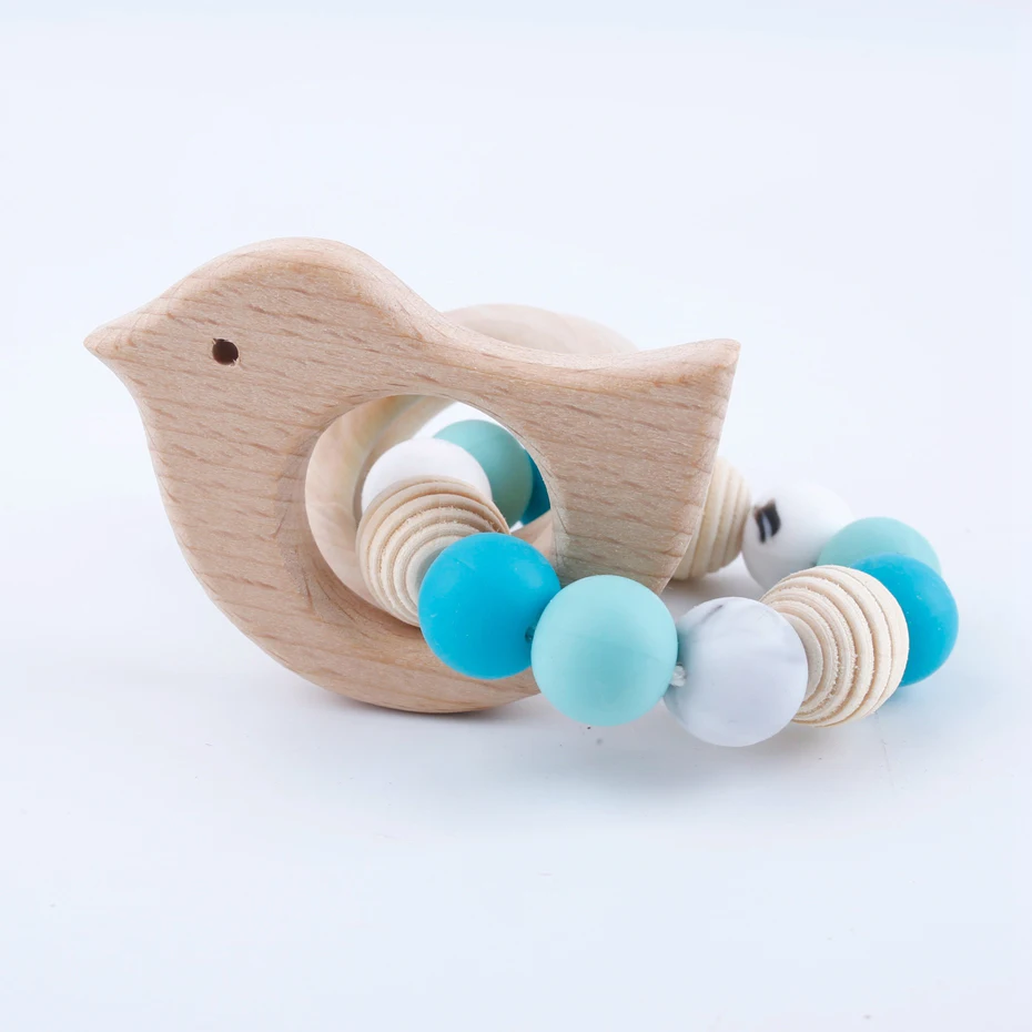 

Wooden Bracelets Wooden Teether Chewable Crochet Beads Woo Baby Gym Rattle Toys Bird Shape Silicone Beads Handmade DIY Crafts