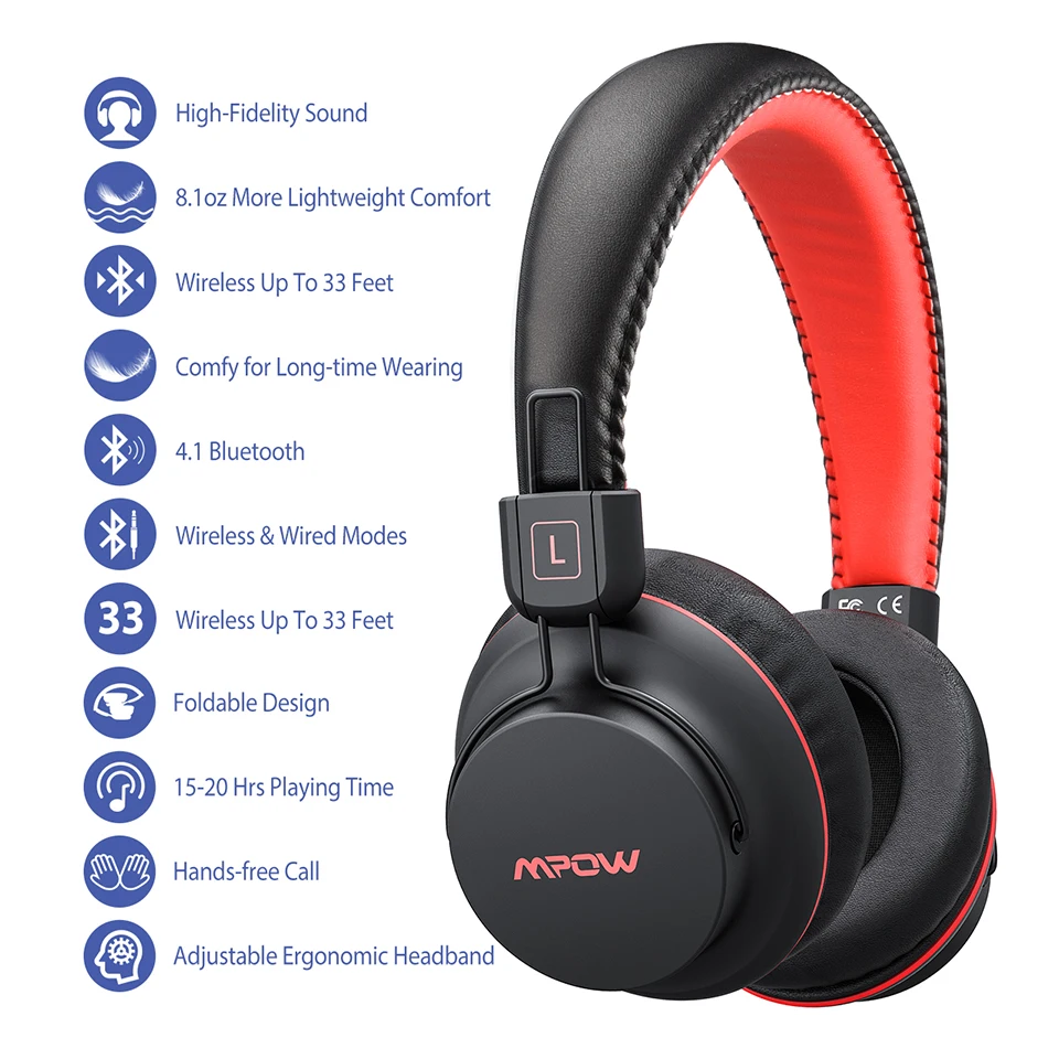 Mpow H1 Bluetooth наушники беспроводные наушники со встроенным микрофоном над ухом наушники проводной/беспроводной режим для ПК стол iOS Android