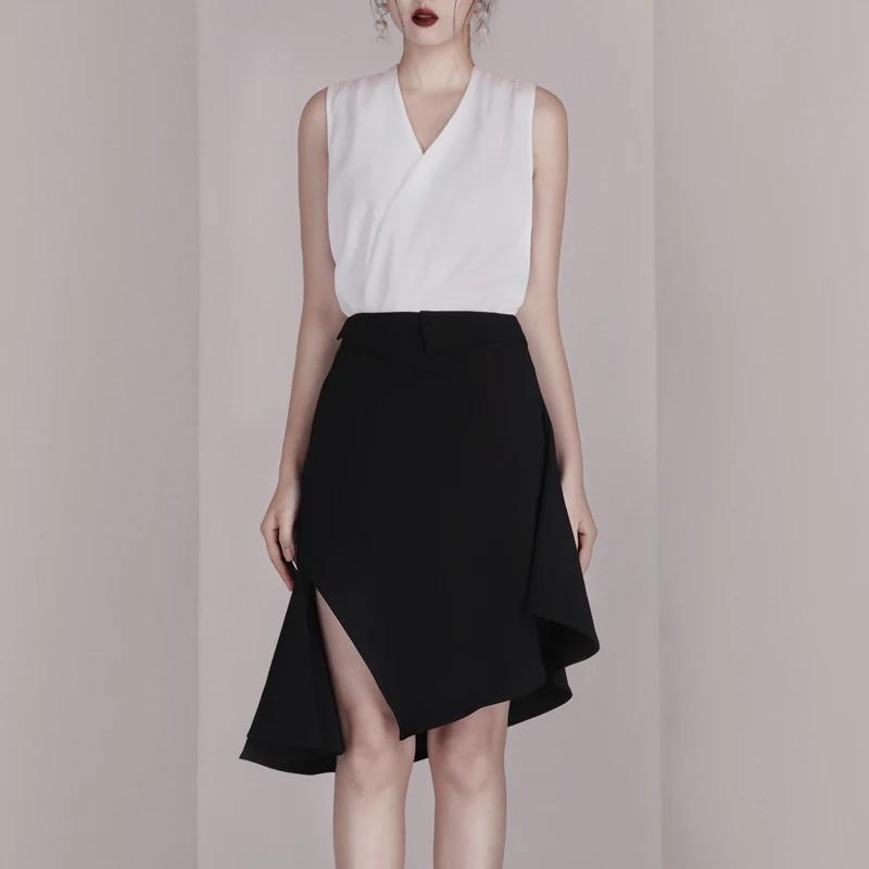 INDRESSME 2019 New Women Two Piece Sets Fashion V Neck Sleeveless White Top Sexy Office With Midi Black Skirt Casual |