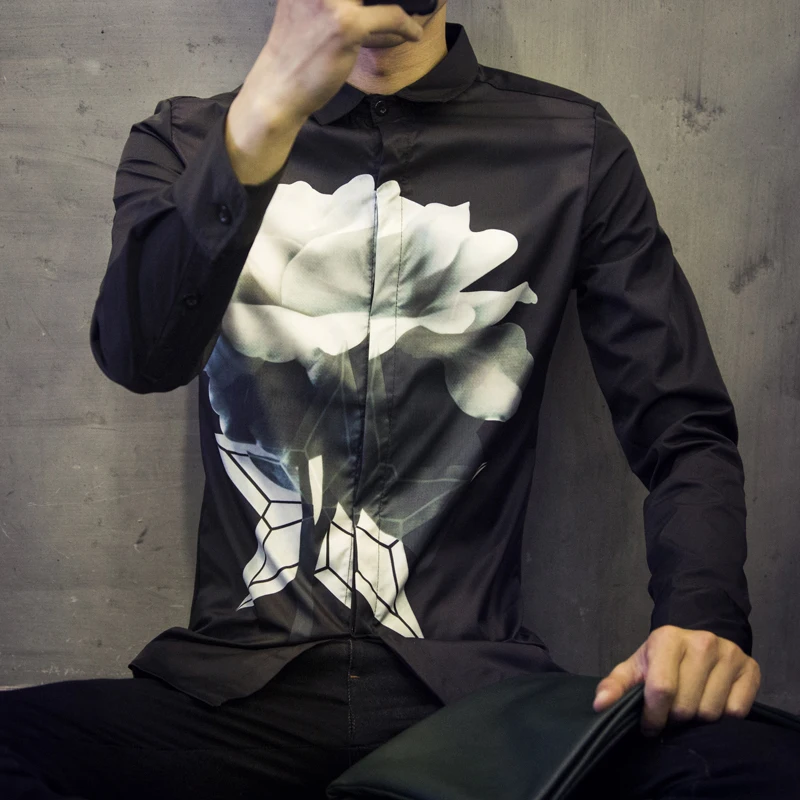 Весенние повседневные мужские рубашки с длинным рукавом модные цветочным