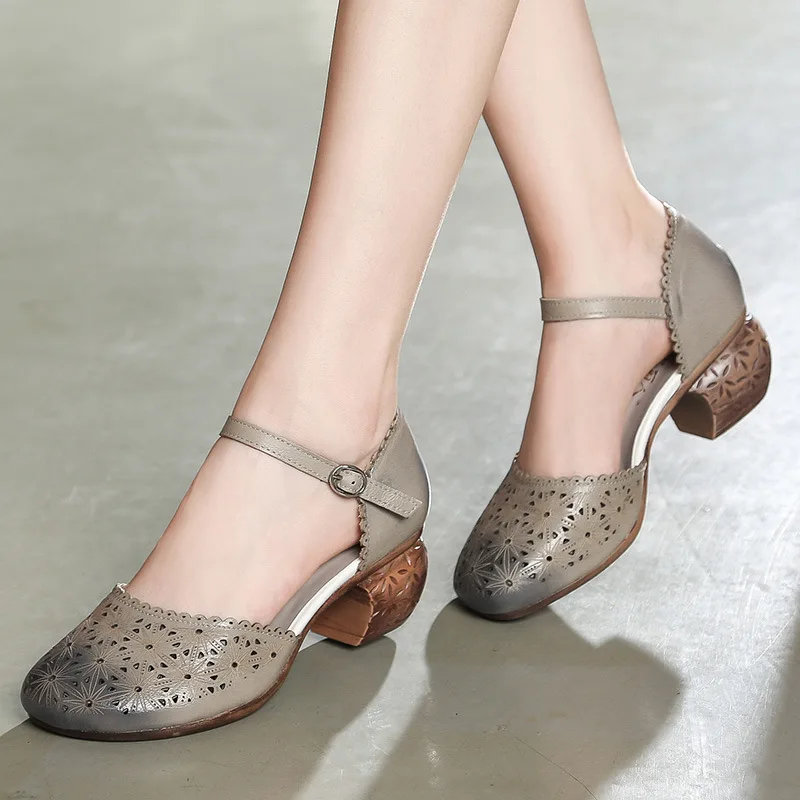 Женские кожаные босоножки летние туфли на высоком каблуке 6 см женские с вышивкой