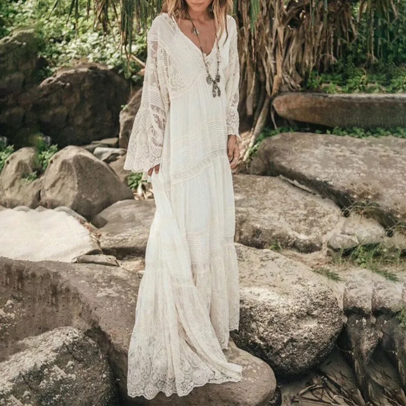 Женское платье с кружевной вышивкой CHICEVER летнее треугольным вырезом и широким