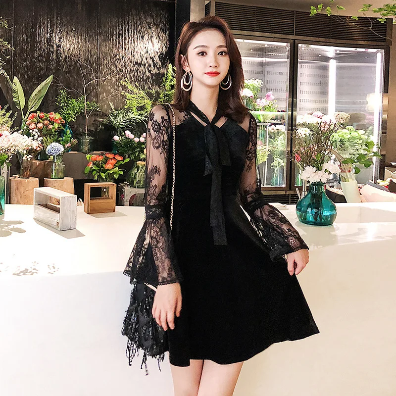 Кружевное лоскутное платье трапециевидной формы 2018 осеннее женское черное с