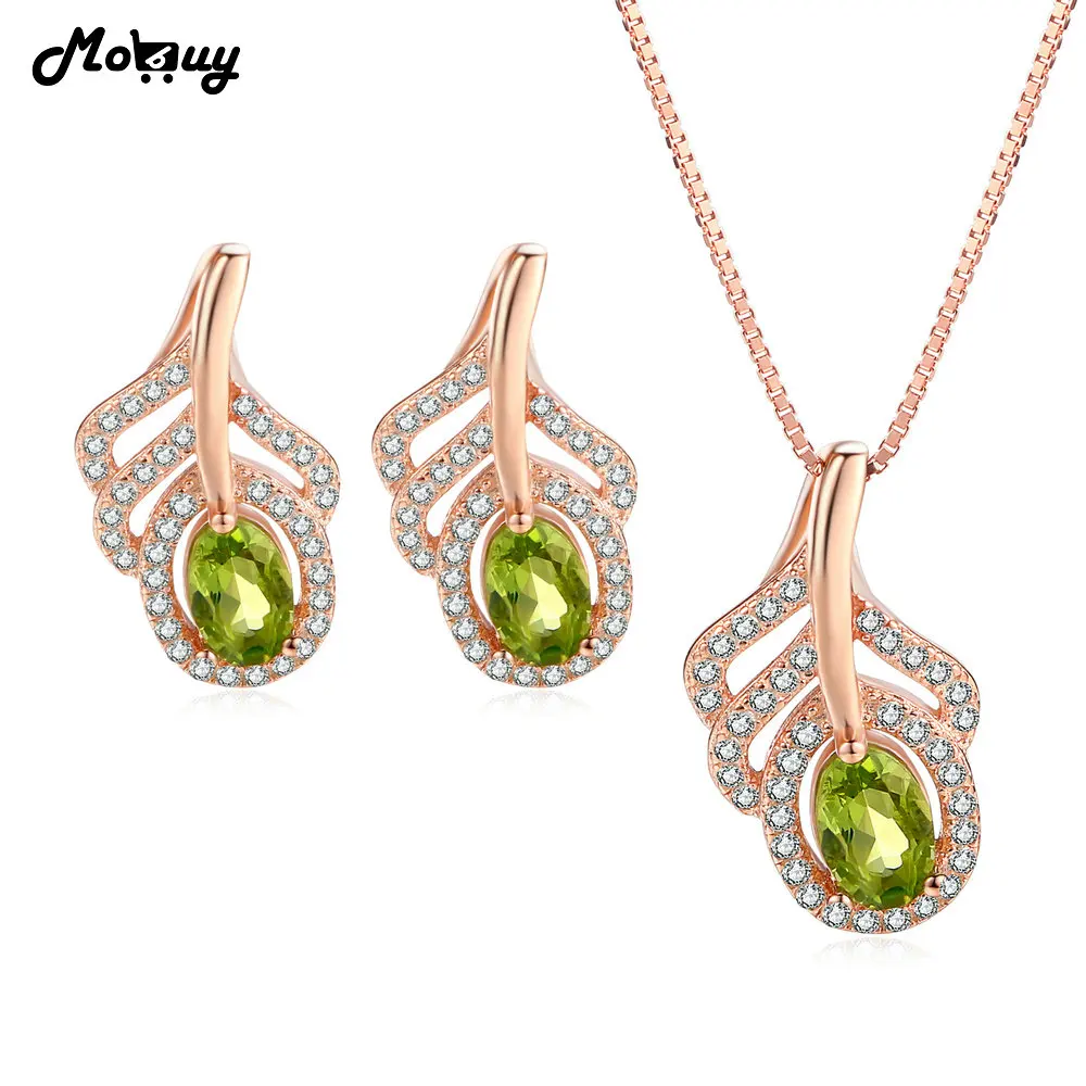 MoBuy Green Peridot Natural Gemstone 2pcs Jewelry Sets 100% 925 Sterling Silver For Women Engagement Party Fine V045EN | Украшения и