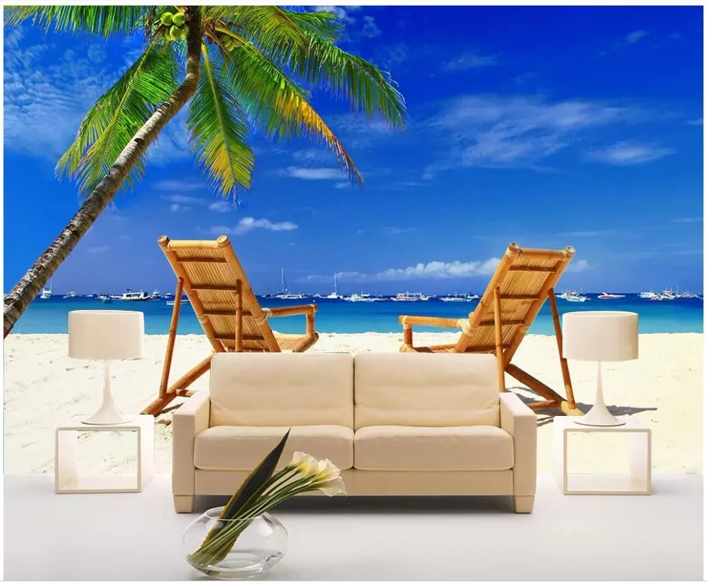 

3d wallpaper custom photo Beach wooden chair coconut tree seascape decor living room 3d wall murals wallpaper for walls 3 d