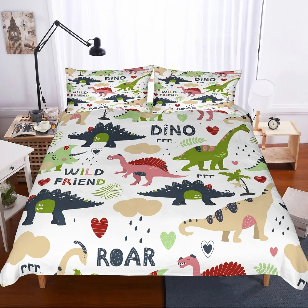 3D черный/зеленый/розовый/желтый динозавры напечатаны Roar Wild Friend Dino постельные принадлежности Белый детский пододеяльник комплект из 3 предметов с 2 наволочками