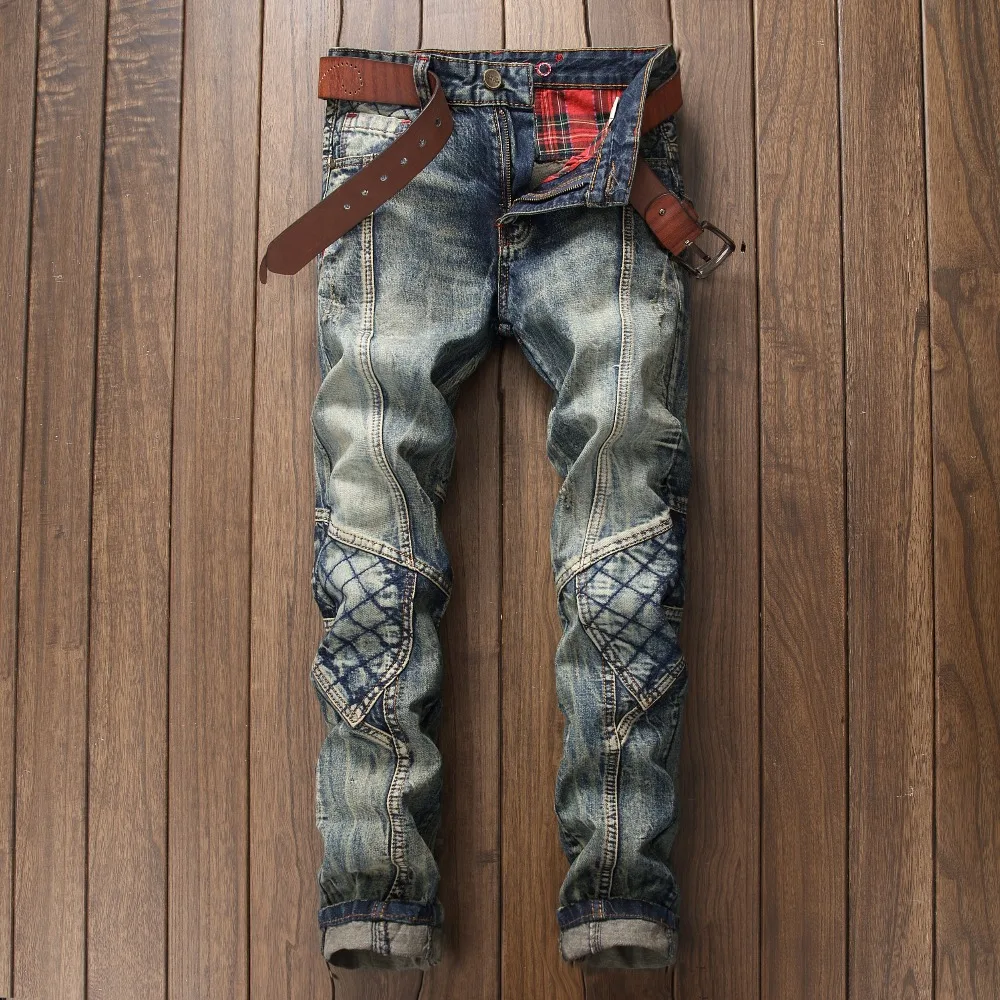 Джинсы мужские мотоциклетные составного кроя классические зауженные брюки из