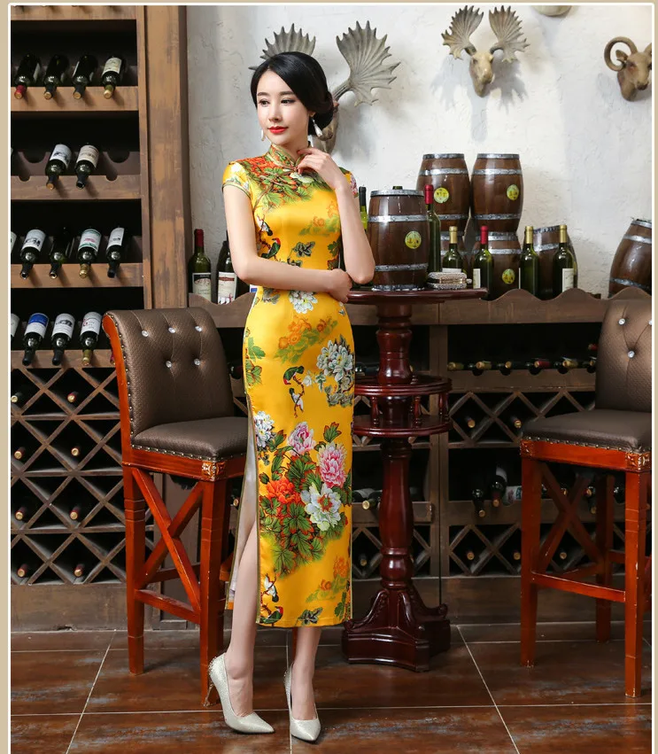 SHENG COCO/Желтые платья Qipao с цветочным принтом, винтажный чонсам, парча, длинное женское летнее платье с принтом, облегающее платье-Ципао, 2XL, XXXL