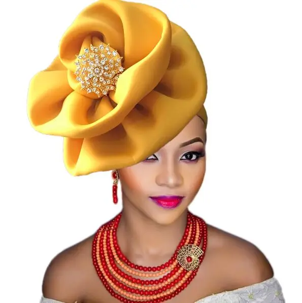 Turban africain femme african turbans with brooch flower party cap head wraps for women | New Headwear