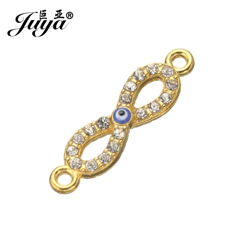 JUYA Bracelet Findings DIY Craft 27x7mm 10pcs Gold Color Crystal Infinite Symbol Evil Eye Connectors for Jewelry Making AE0037