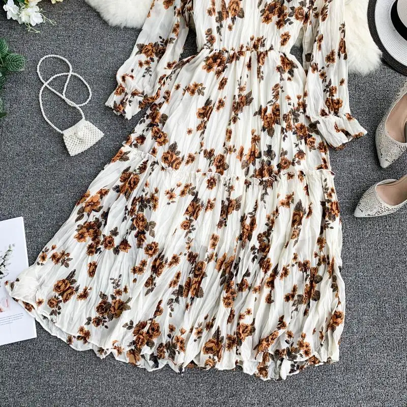 Женское винтажное платье с цветочным принтом маленькое длинное воротником