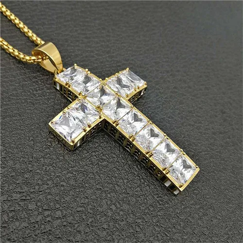 Gold Color Хип хоп тяжелая большая подвеска с большим крестом ожерелье Рождественский подарок золотой цвет нержавеющая сталь Iced Out CZ Bling христианские ювелирные изделия - Окраска металла: Gold Color
