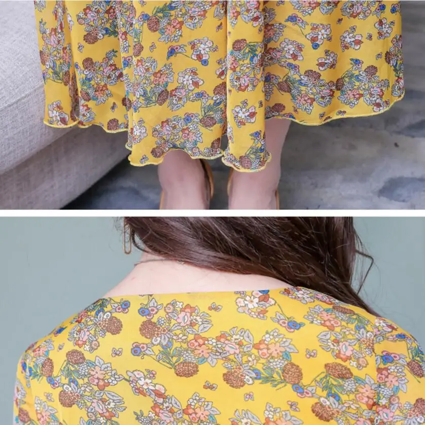 

2019 summer Floral Dress Chiffon Women Casual Vintage Green Dress Summer Three Quarter Sleeve Retro High Waist Dresses