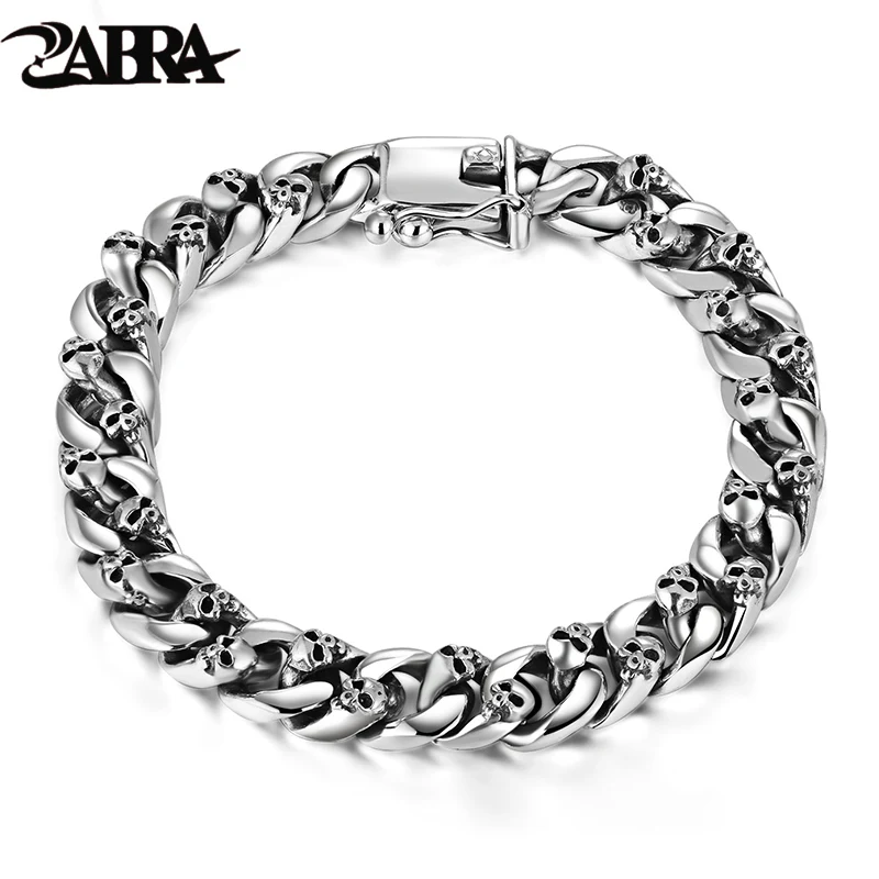 

ZABRA Authentic 925 Sterling Silver 8mm Skull Bracelet Link Chain Mens Bracelet Vintage Thai Silver Punk Bracelets Men Jewelry