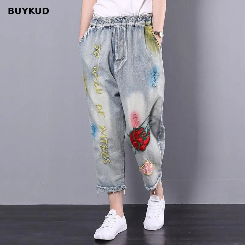BUYKUD High Waist Ladies Ripped Jeans Women 2018 New Summer Casual Mom Elastic Wasit Denim Pants Cotton Long Trousers |