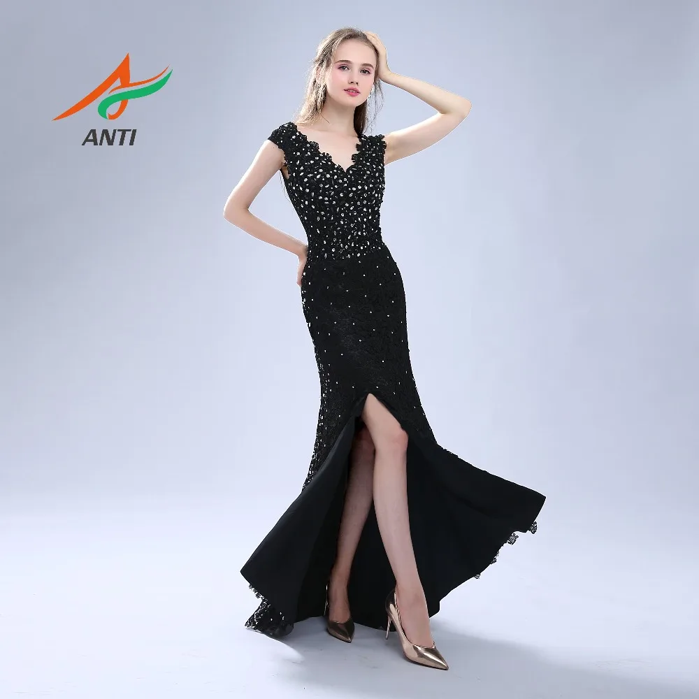 

ANTI Sexy Skirt Slits Prom Dresses V-Neck 2018 Beaded Crystals Vestidos De Festa Shining Lace Mermaid Party Gowns Real Pictures