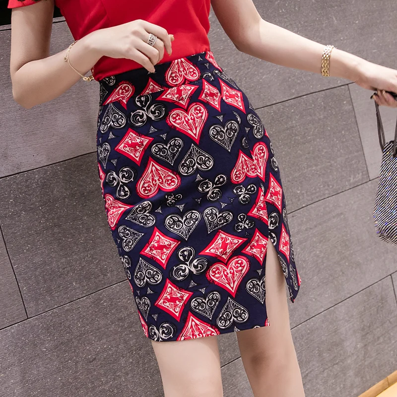 

Women Fashion Skirt Summer 2019 Elegant Sexy High Waist Side Split Skirt Vintage Office Work Formal Print Pencil Skirt Plus Size