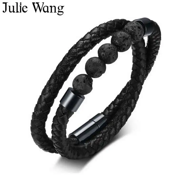 Julie Wang модный браслет для мужчин Высокое качество микрофибра кожа черный 8 мм