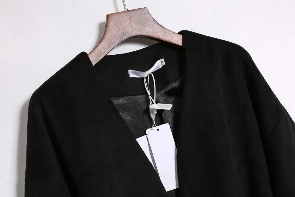 Black Wool Coat Women Crane Embroidery Long Sleeve Chinese Style Vintage Belted Cape Tweed Overcoat Q407 | Женская одежда