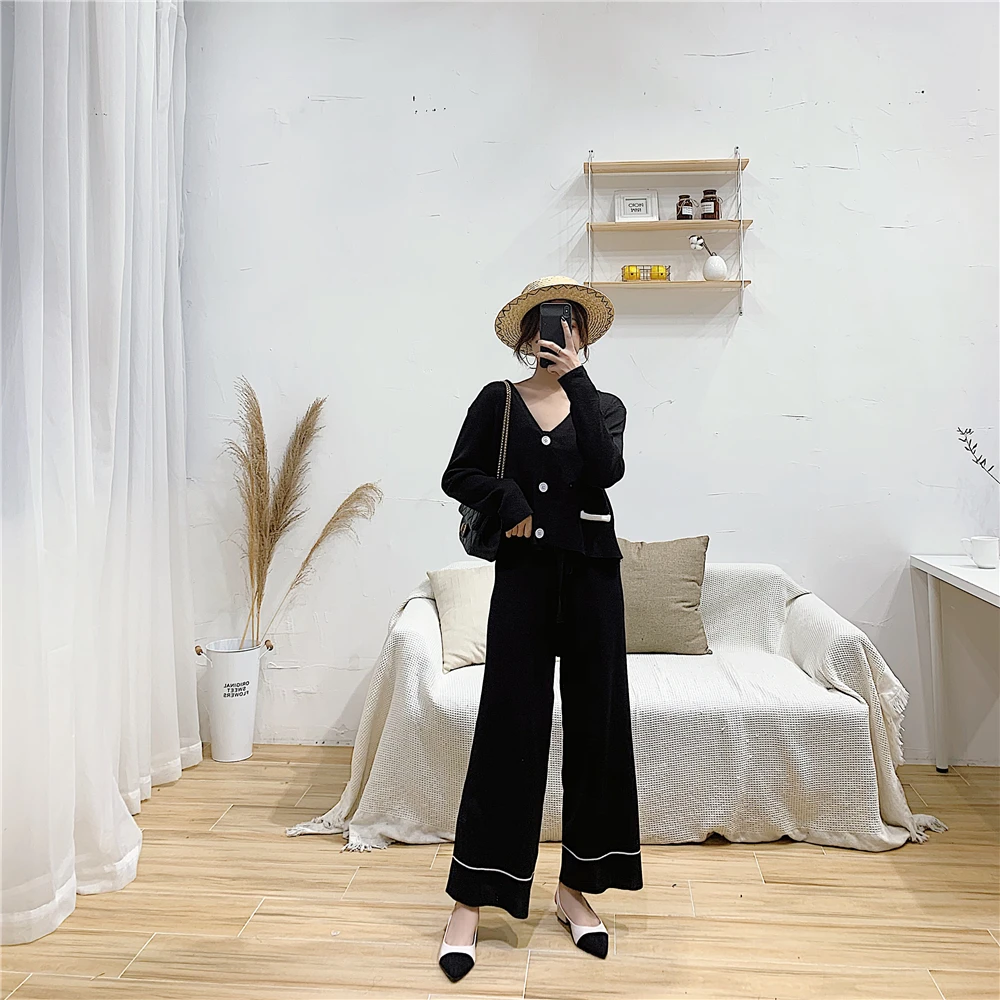 ALPHALMODA куртка с v-образным вырезом+ широкие брюки весенняя мода 2 шт. вязаный костюм женский удобный свитер кардиган брюки комплект