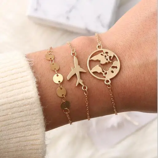 3 Pcs/ Set Punk Aircraft Map Round Chain Gold Pendant Women Bracelet Fashion Creative Clothing Jewelry Accessories | Украшения и