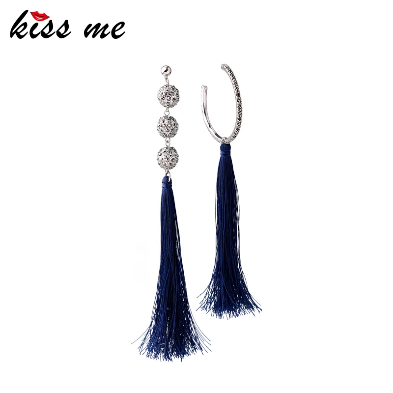 Женские длинные серьги KISS ME синие/красные асимметричные с кисточками из