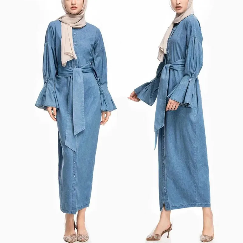 

Fashion Muslim Dress Abaya Womens Flare Sleeve Full Buckle Turkish Long Denim Dress Qatar UAE Oman Caftan Robe Islamic Clothing
