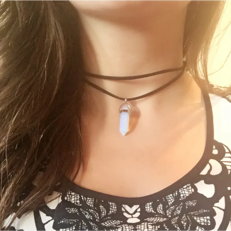 Чокер из натуральной кожи Бохо слоев модное Кристальное ожерелье камень кулон