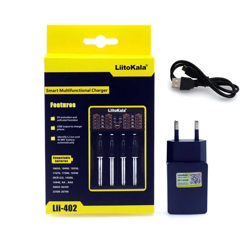 

Liitokala Lii-402 Lii-202 100 18650 charger 1.2V 3.7V 3.2V 3.85V AA 26650 16340 NiMH lithium -cigarette battery charger+5V 2A