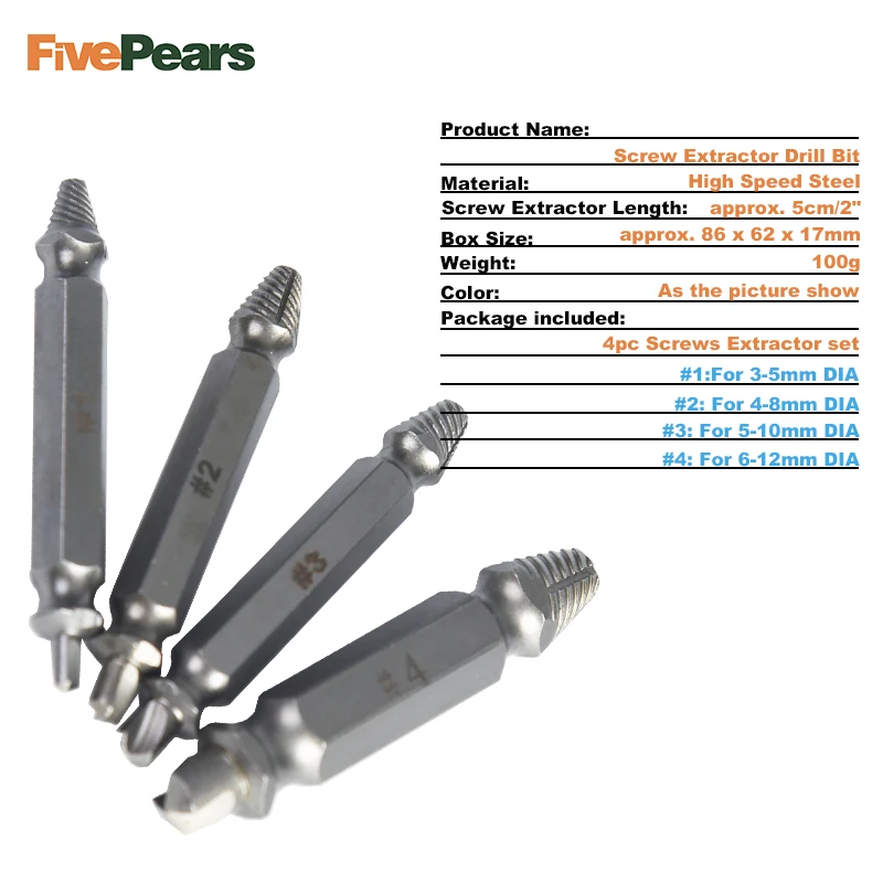 4 шт. двухсторонний поврежденный винт экстрактор сверла набор направляющих