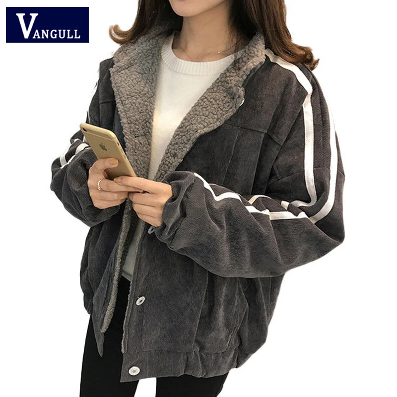 Vangull, Женская куртка, зимняя, новинка, хлопок, ягненок, бархат, плотное пальто,, осень, повседневная, женская, длинный рукав, боковая, в полоску, свободная верхняя одежда